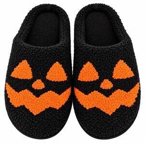 Black Orange Jack O Lantern Pumpkin Halloween Fuzzy Slippers Sz 5.5-6 NWOT